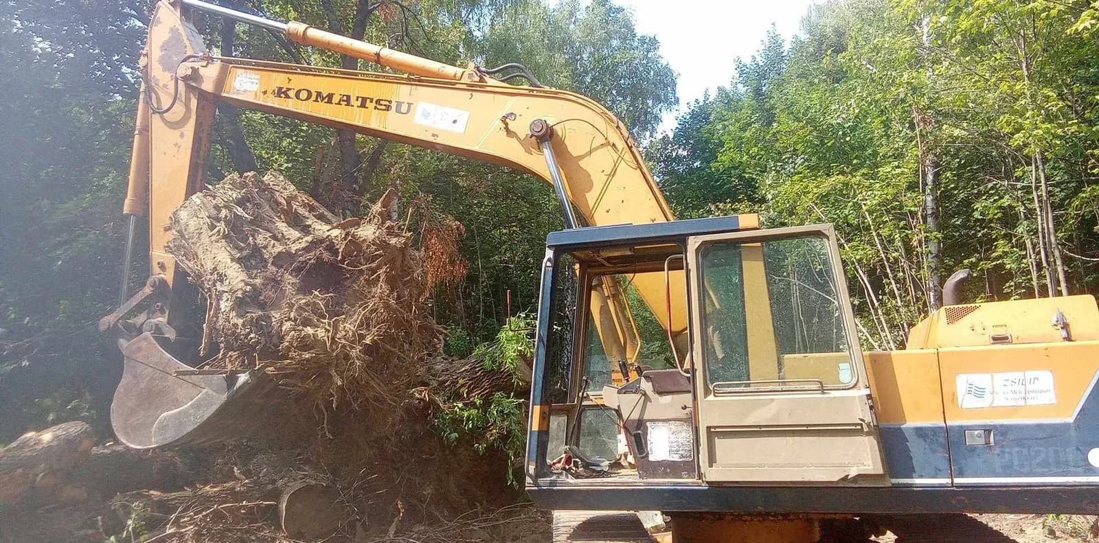 Komatsu lánctalpas kotró egy nagy, gyökeres tuskót emel ki, a háttérben erdő.